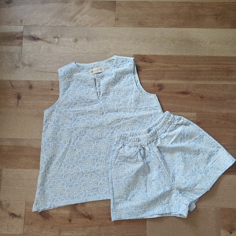 Light Blue Floral Sleeveless Top and Shorts Set